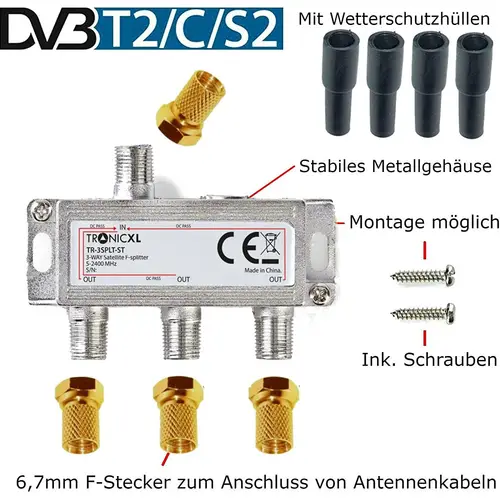 3-Fach Sat Splitter Antennenverteiler TV F-Stecker Adapter SAT-Adapter SAT-Verteiler Wetterschutz DC-Durchlass 3-Fach Sat Splitter Antennenverteiler TV F-Stecker Adapter SAT-Adapter SAT-Verteiler Wetterschutz DC-Durchlass