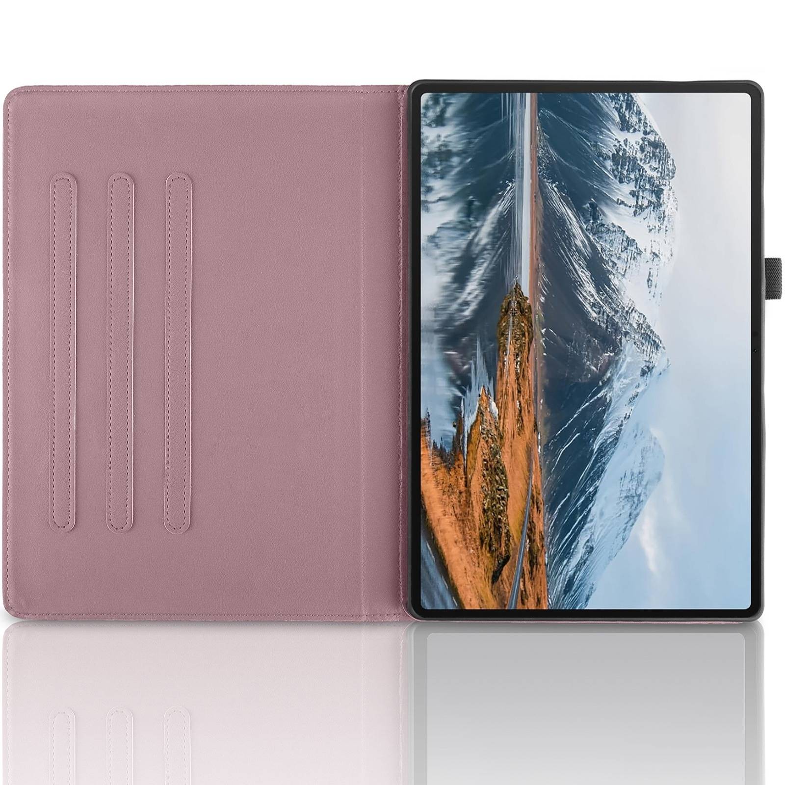 Tablet in einem rosa Foliohülle, aufgeklappt mit dem Bildschirm zeigt eine Berglandschaft.