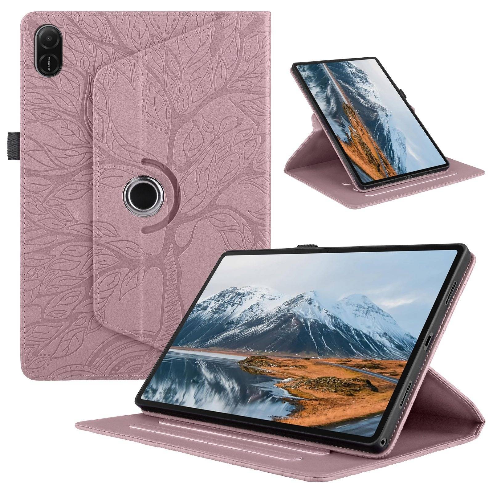 Rosa Tablet-Schutzhülle mit Blumenmuster, integriertem Handgriff und Ständer; abgebildet offen mit Tablet in Quer- und Hochformat-Ansichtspositionen.