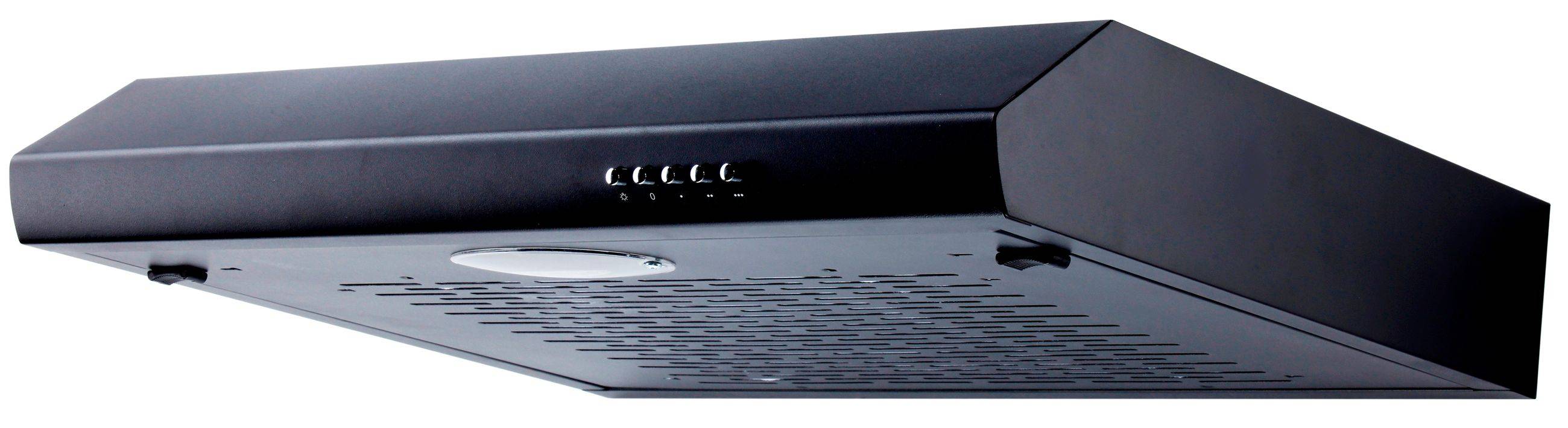 Eine schwarze Dunstabzugshaube mit Bedienungsknöpfen und Lüftungsöffnungen.