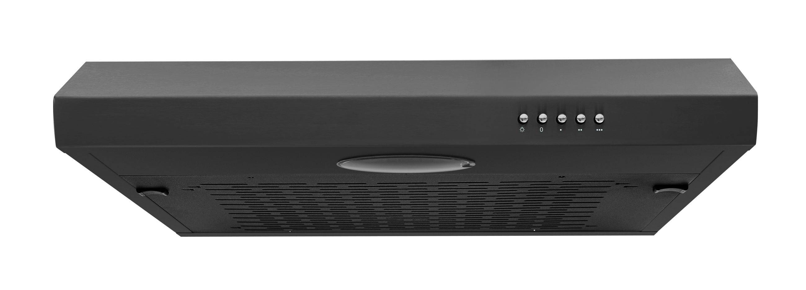 Eine schwarze Dunstabzugshaube mit zwei Bedienknöpfen und einem belüfteten Panel, für die Küchennutzung konzipiert, vor einem neutralen Hintergrund.