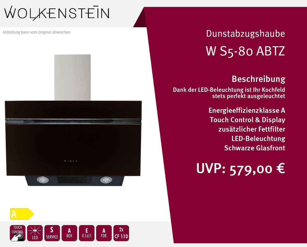 Wolkenstein Kopffreihaube SL S5-80 ABTZ - 80 cm, schwarz, Dunstabzugshaube