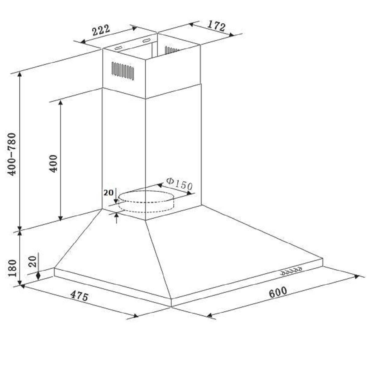 PKM Kaminabzugshaube 6091BH - 60cm, schwarz, LED, Wandesse, Dunstabzugshaube