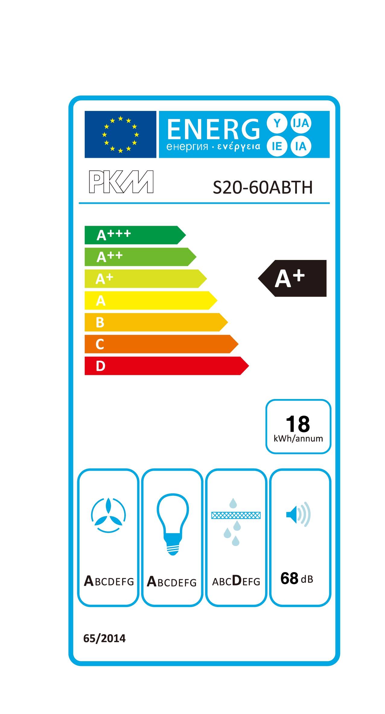 PKM S20-60ABTH' Energielabel mit Effizienzklasse A+; Farbbalken von A+++ bis D; Symbole für Ventilator, Glühbirne, Wasser und Wassertropfen; 18 kWh/Jahr.
