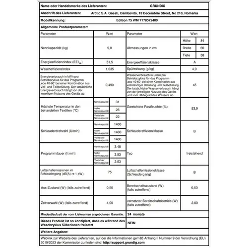 Grundig Edition 75 WM Waschmaschine 9 kg, 1.400 U/min weiß 14 Programme Grundig Edition 75 WM Waschmaschine 9 kg, 1.400 U/min weiß 14 Programme