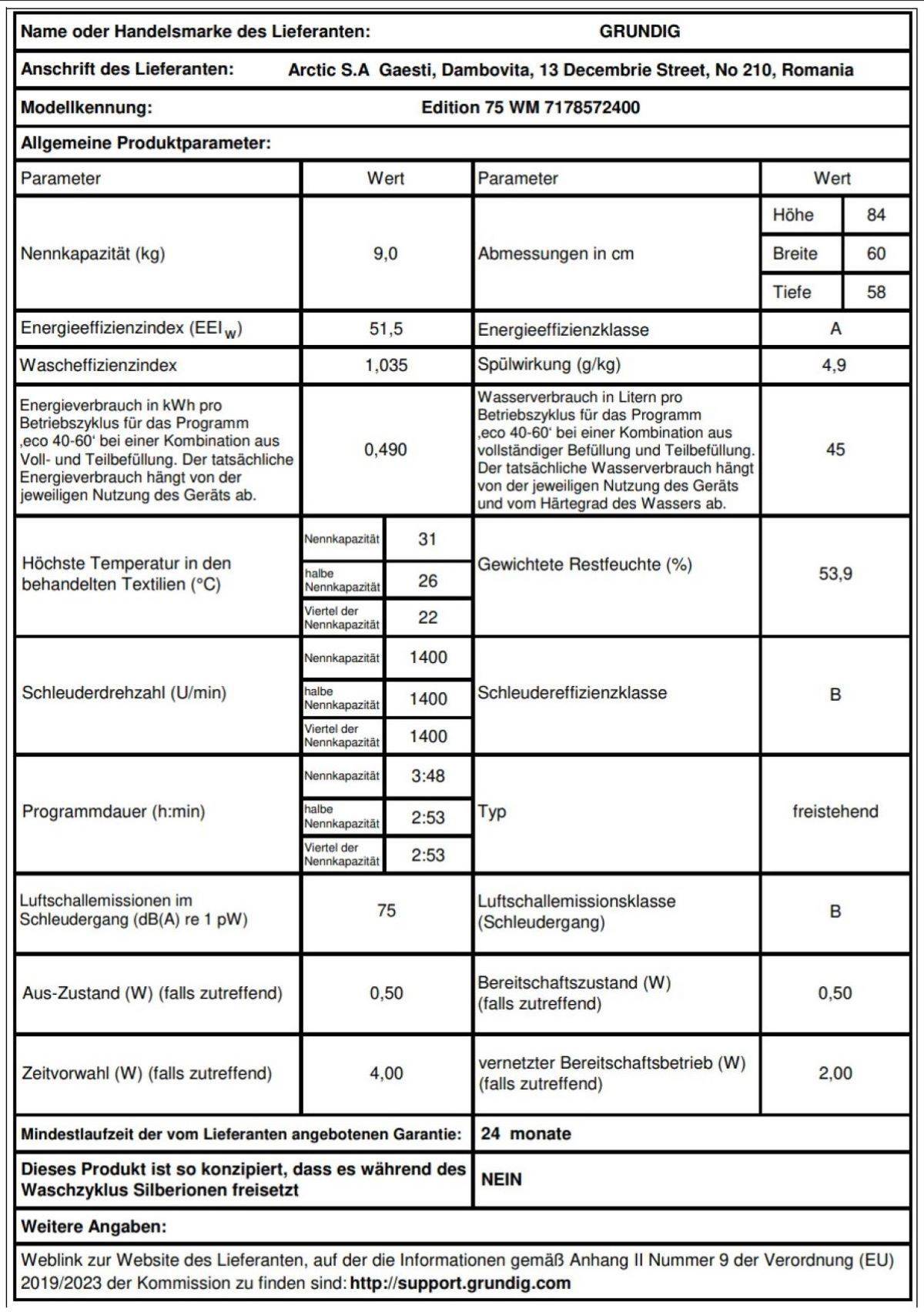 Grundig Waschmaschine Edition 75 WM 9 kg 1400 U Min Weiß