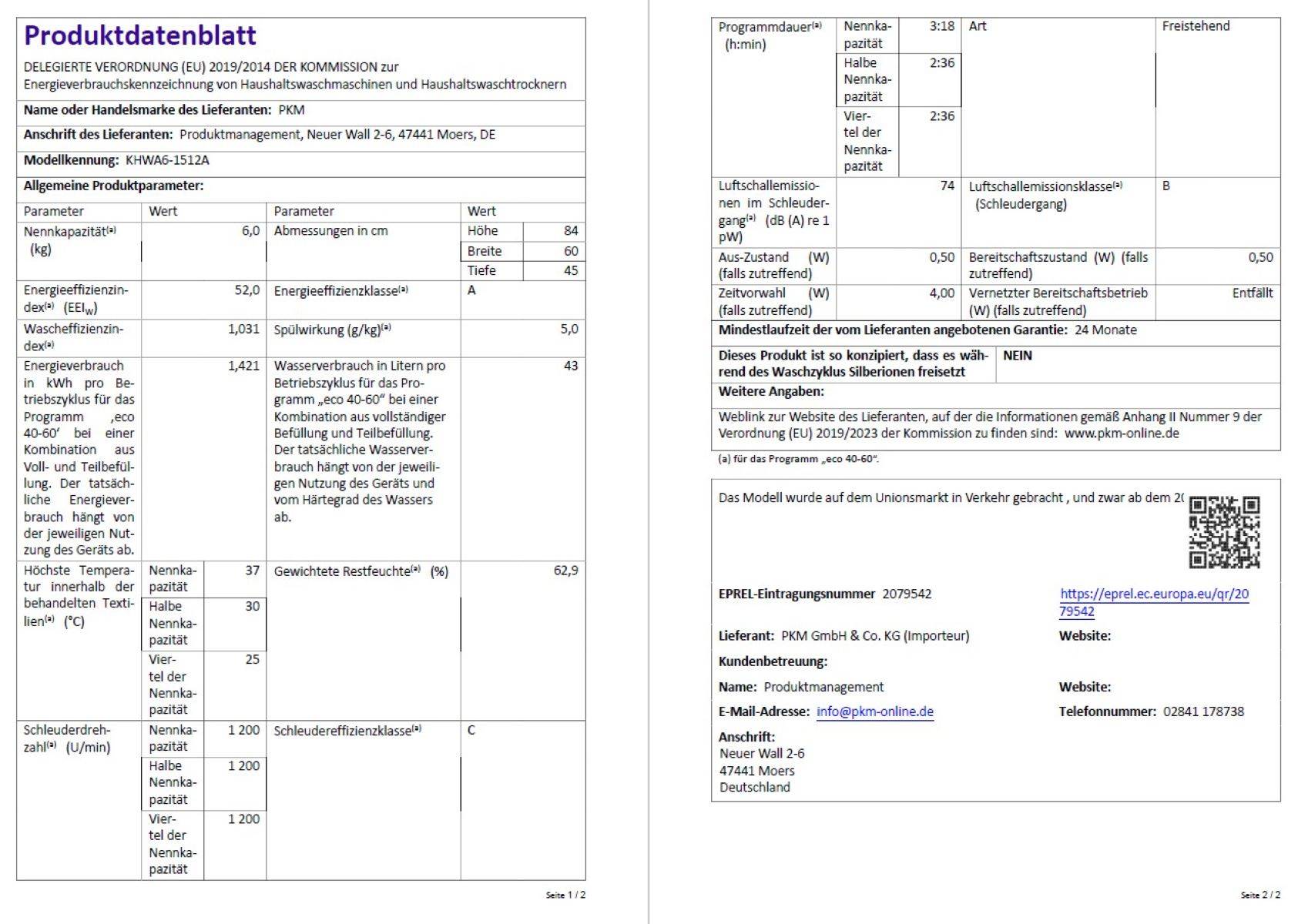 PKM Waschmaschine KHWA6-1512A freistehend mit 6 kg Fassungsvermögen