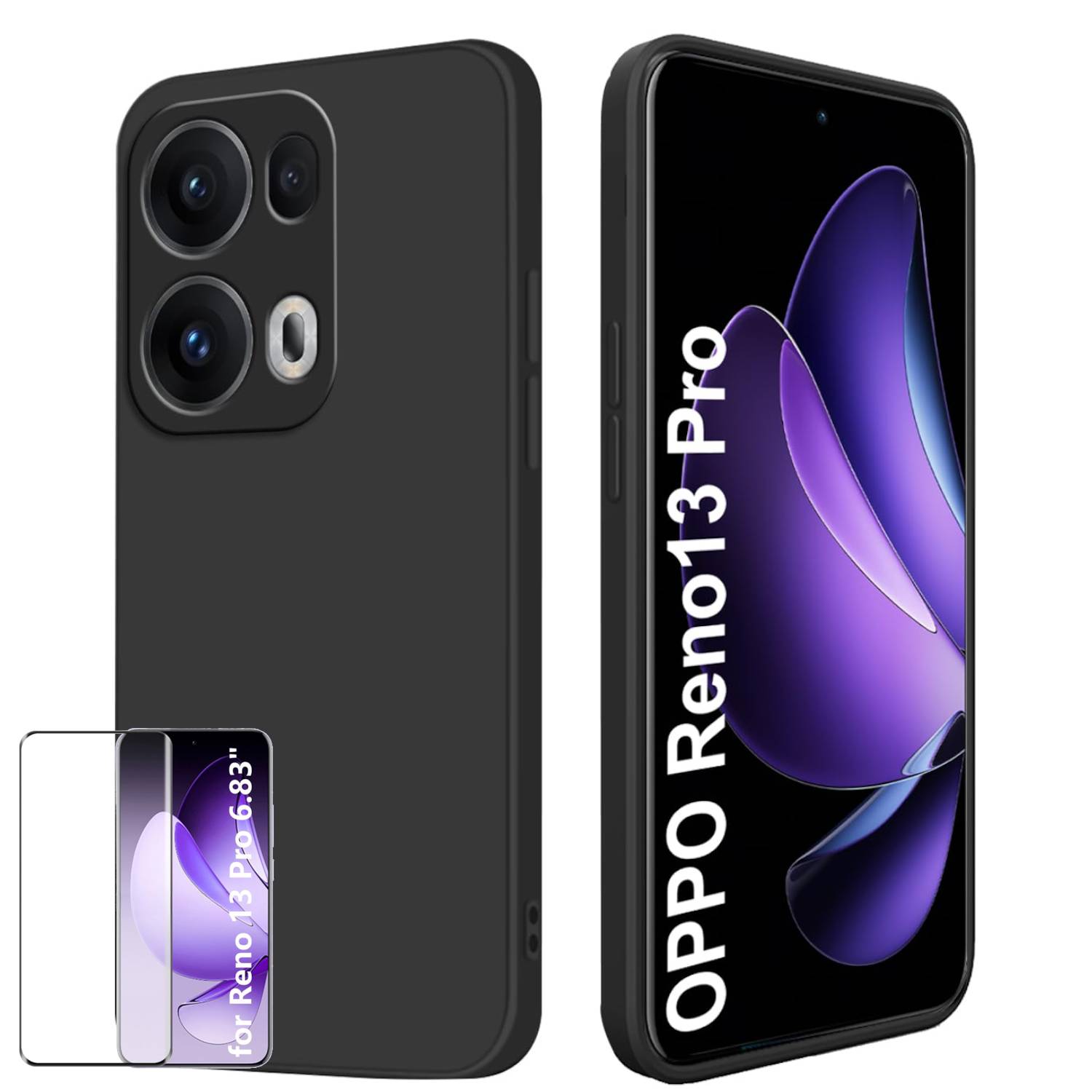 Für Oppo Reno 13 Pro 5G Silikon TPU Case Schwarz + Curved H9 Glas Folie Handy Hülle Schutz