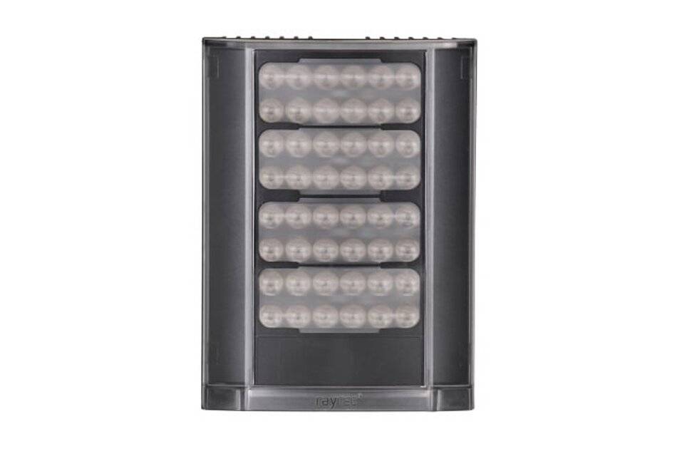 Schwarzes rechteckiges LED-Lichtpanel mit vier gestapelten Reihen kreisförmiger Glühbirnen in einem Metallgehäuse, Vorderansicht auf weißem Hintergrund