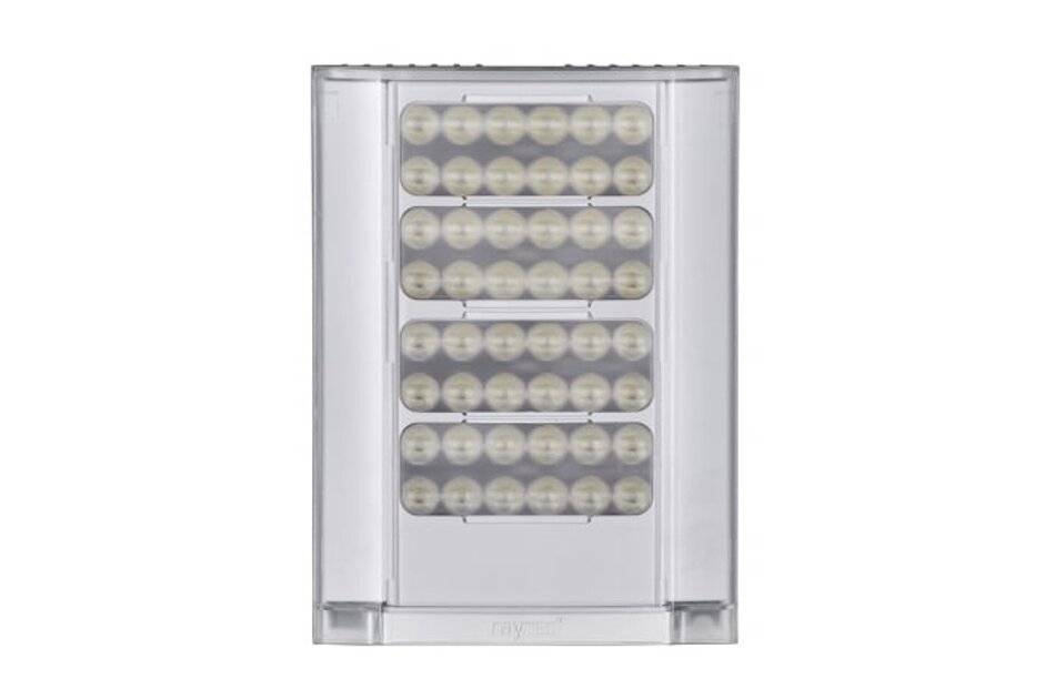 Eine silberne, wandmontierte LED-Leuchte mit mehreren Reihen runder Glühbirnen hinter einer klaren Abdeckung.