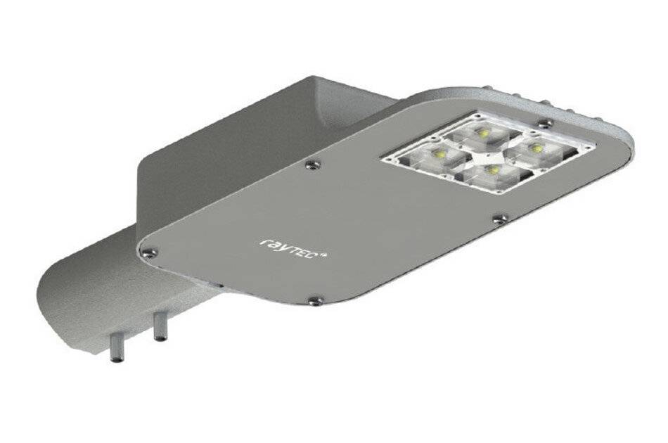 Graues Raytec LED-Straßenleuchten-Gehäuse mit Montagearmeuff, dargestellt auf weißem Hintergrund.