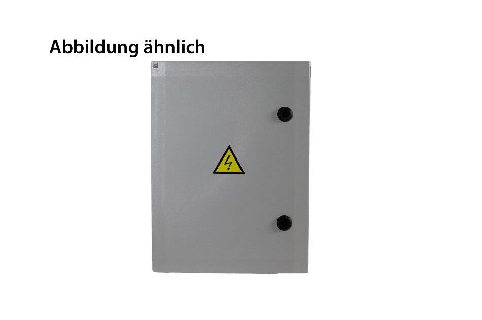 Graue elektrische Schalttafel mit gelbem Hochspannungswarnzeichen und zwei schwarzen Verriegelungen auf der rechten Seite.