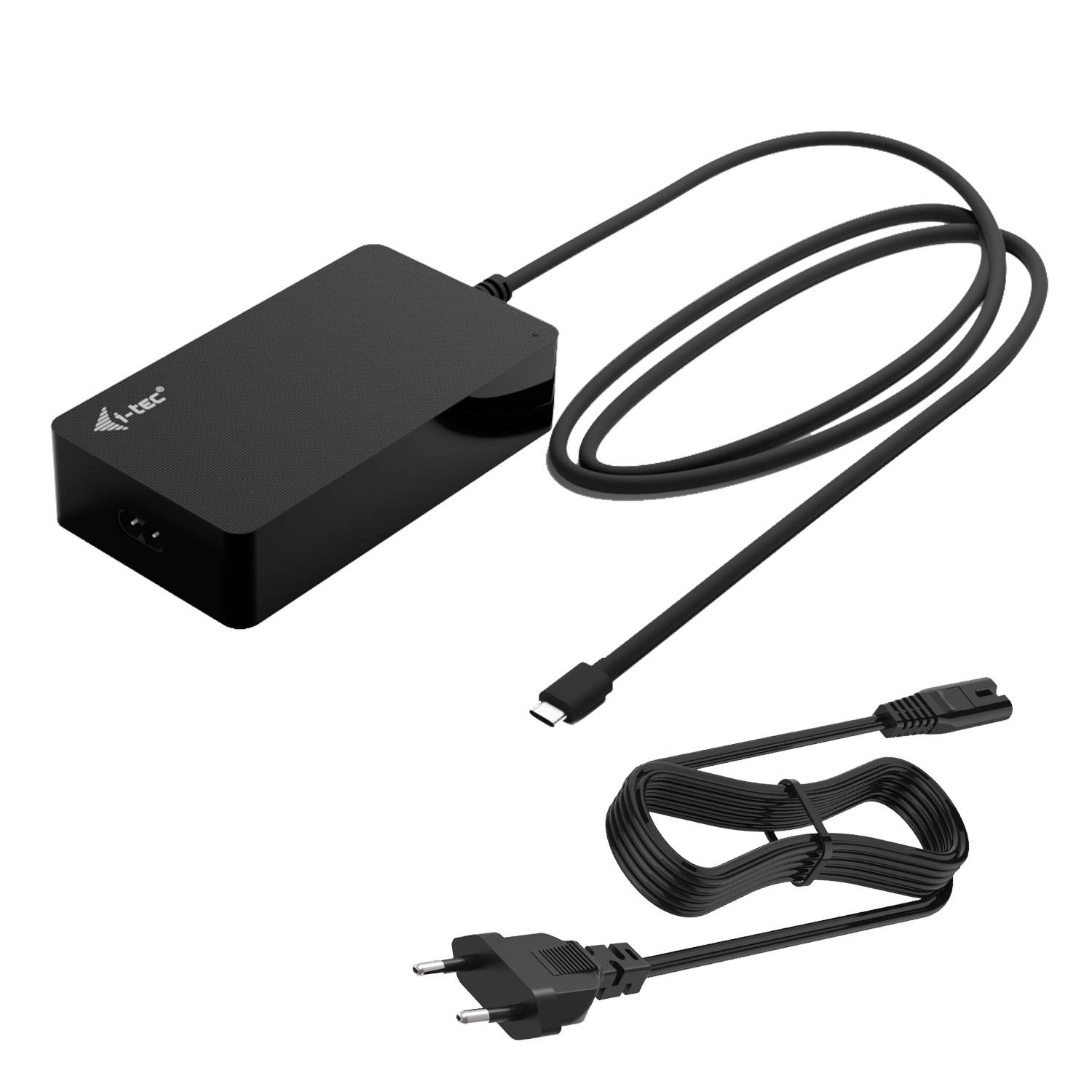 Schwarzer Stromanschlussadapter mit angekabeltem Kabel und zweipoliger Steckdose, dargestellt mit aufgerollten Kabeln auf weißem Hintergrund.