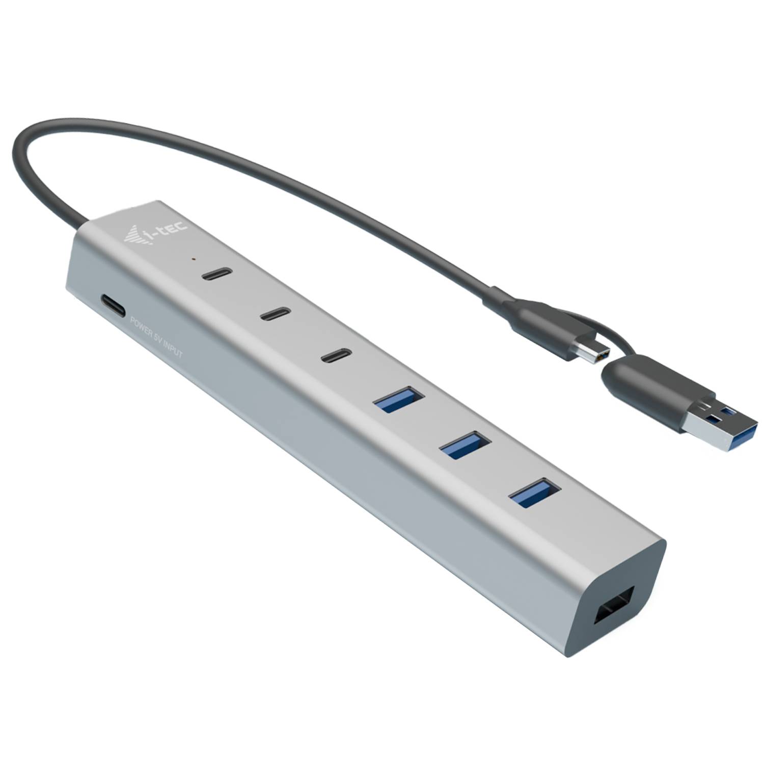 Silberner USB-C-Hub mit kurzem angebrachtem USB-A-Kabel, vier USB-Anschlüssen und USB-C-Stromversorgungs-/Datendurchleitungsanschluss