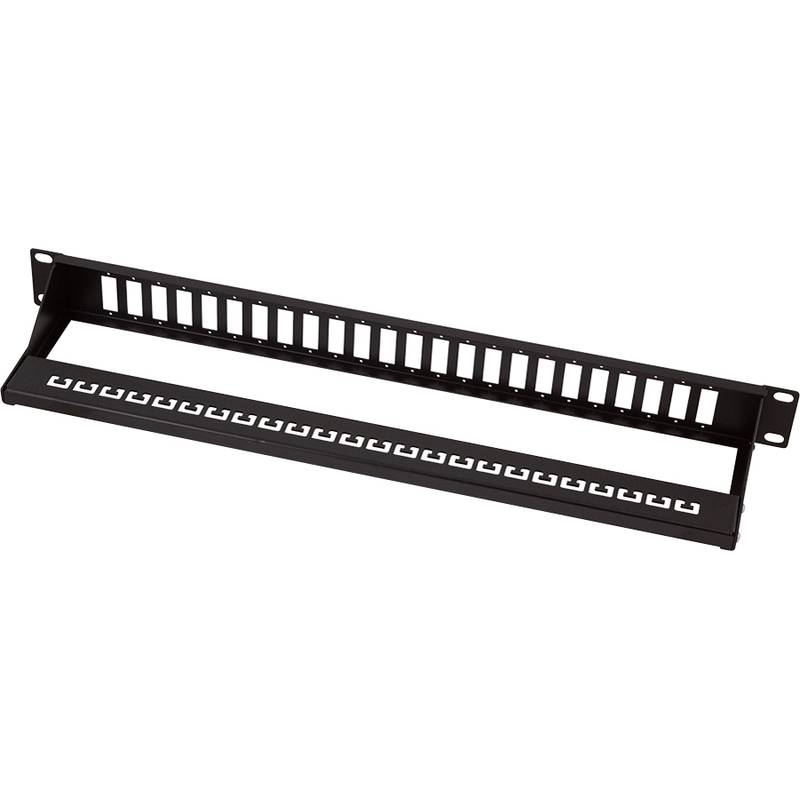 Ein schwarzes Patchpanel mit 24 leeren Anschlüssen für Netzwerkverbindungen. Es verfügt an beiden Seiten über Montagehalterungen zur Installation in einem Serverrack.
