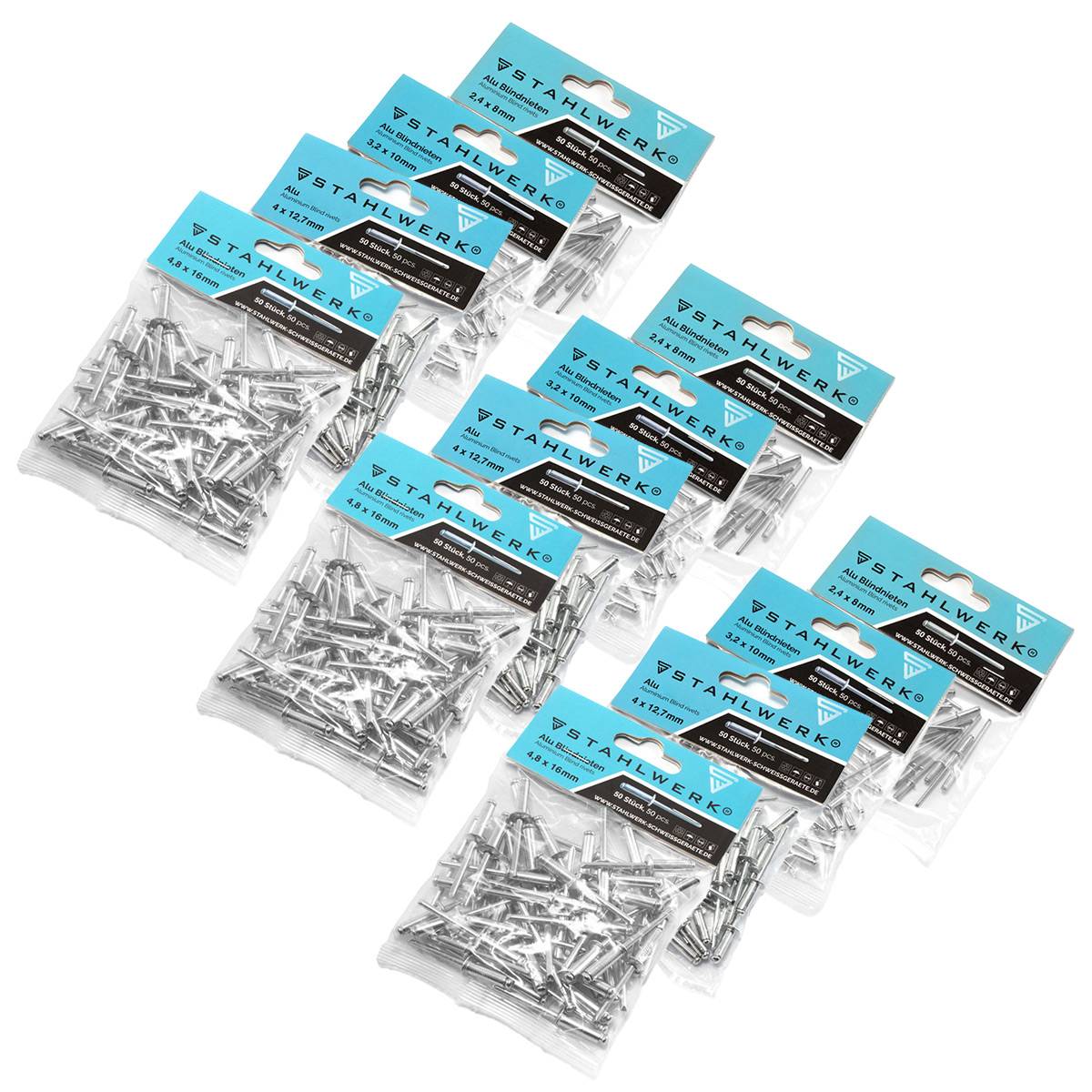 STAHLWERK Alu-Blindnieten 12er Set für Blindnietenzangen je 150 Stück
