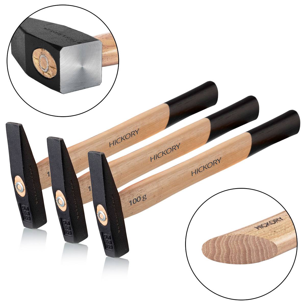 STAHLWERK 3 x Hammer Schlosserhammer 100g robuster Stahlkopf, Griff aus Hickory