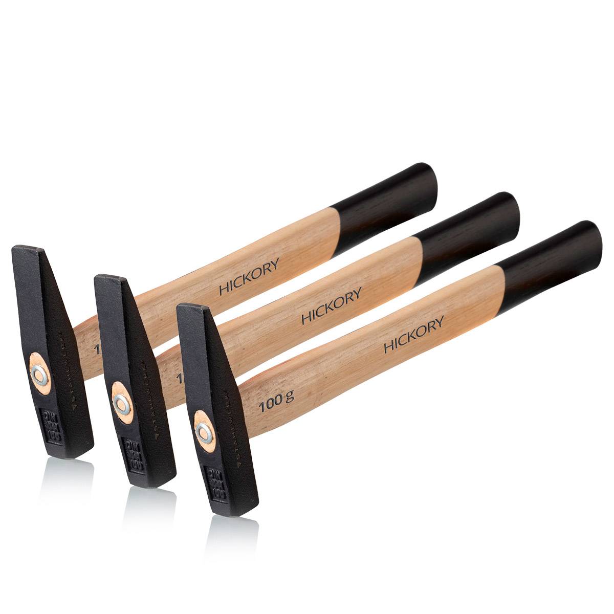 STAHLWERK 3 x Hammer Schlosserhammer 100g robuster Stahlkopf, Griff aus Hickory