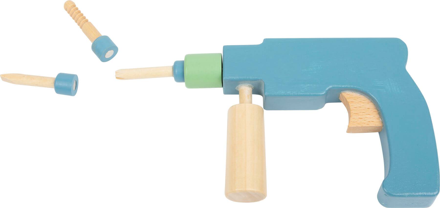 Ein einfaches blau-grünes Holzbohrspielzeug mit beigem Griff.
