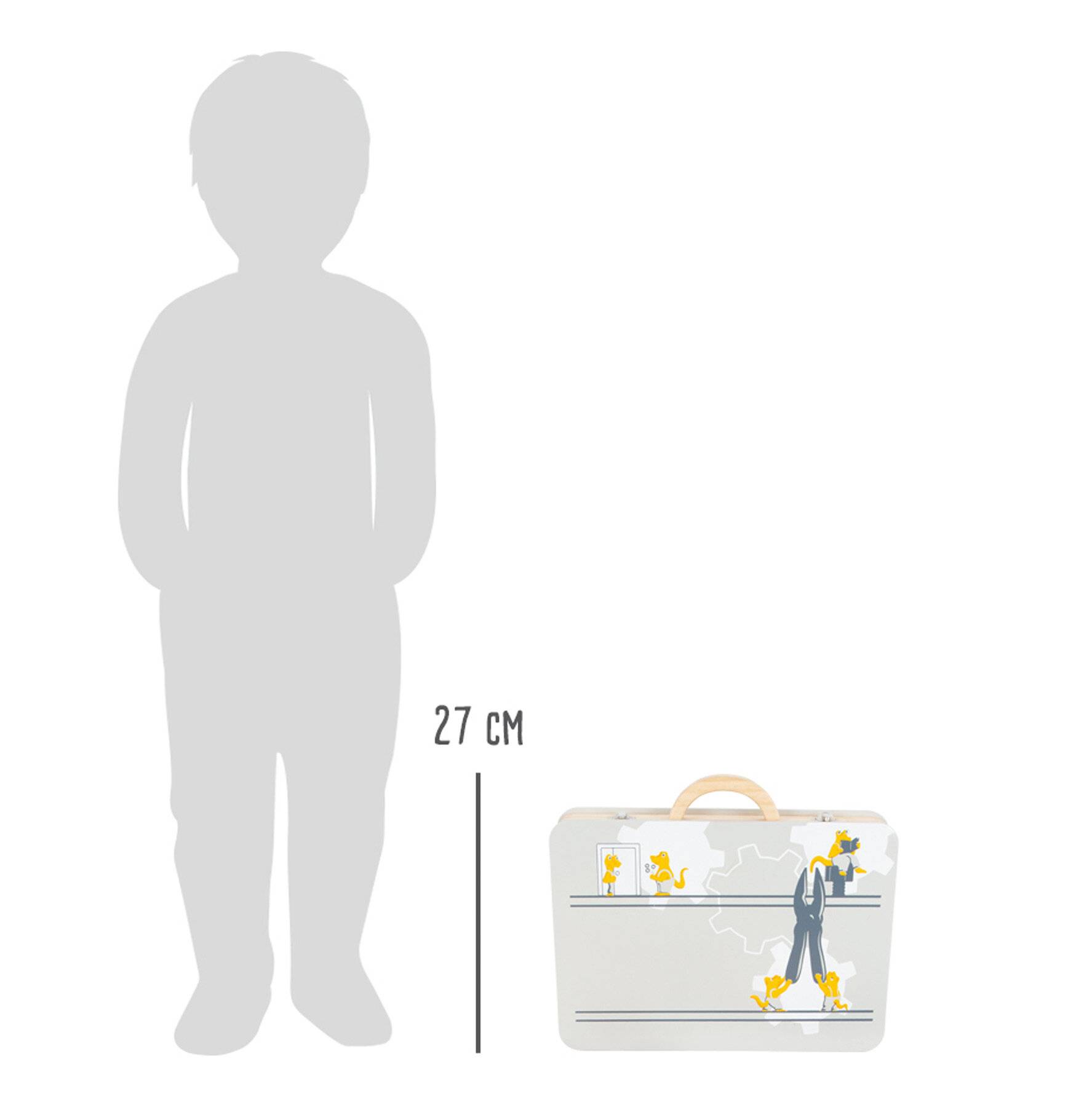 Kindergepäck mit verspieltem gelben Entchen-Design, 27 cm hoch, neben Silhouette zur Größenvergleich dargestellt.