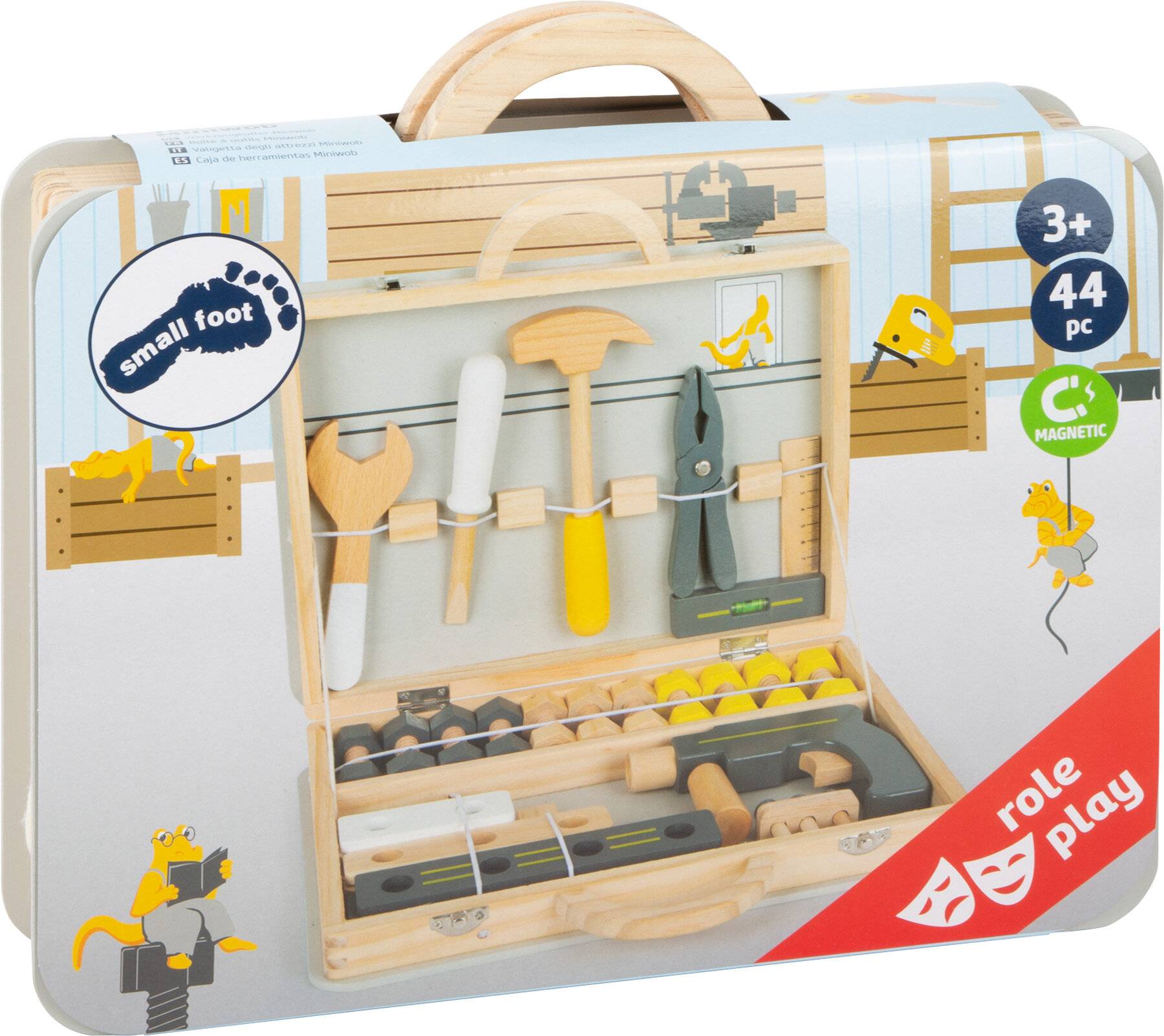 Holz-Werkzeugkasten für Kinder ab 3 Jahren mit 44 Teilen wie Hammer, Schraubenschlüssel und Schraubendreher. Ideal für fantasievolles Rollenspiel.