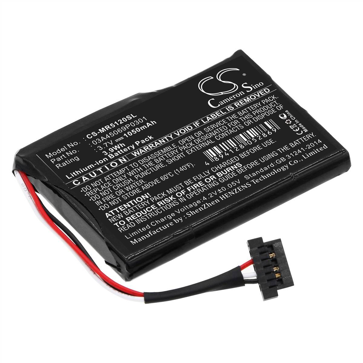 Eine schwarze rechteckige Lithium-Ionen-Batterie mit Modellnummer CS-MFS129SL, 3,7V, Kapazität von 950mAh, und ein weißes Warnschild, Drähte und ein Stecker.
