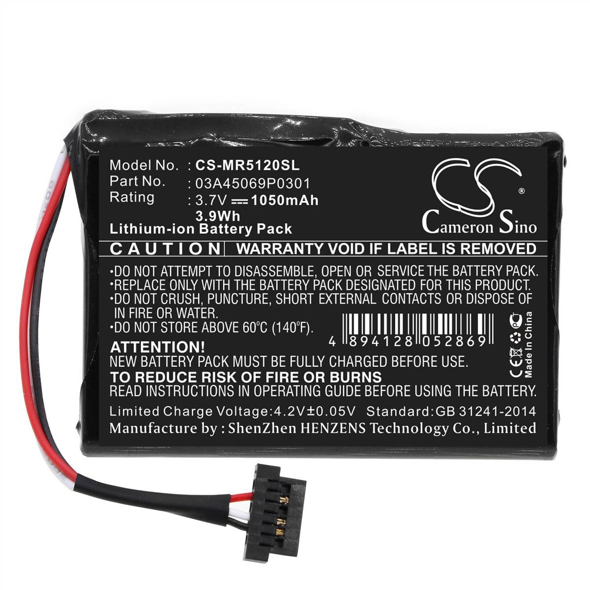 Lithium-Ionen-Batteriepack, 1050mAh, 3,9Wh. Modell CS-MR5120SL. Warnung: Garantie erlischt, wenn das Etikett entfernt wird.
