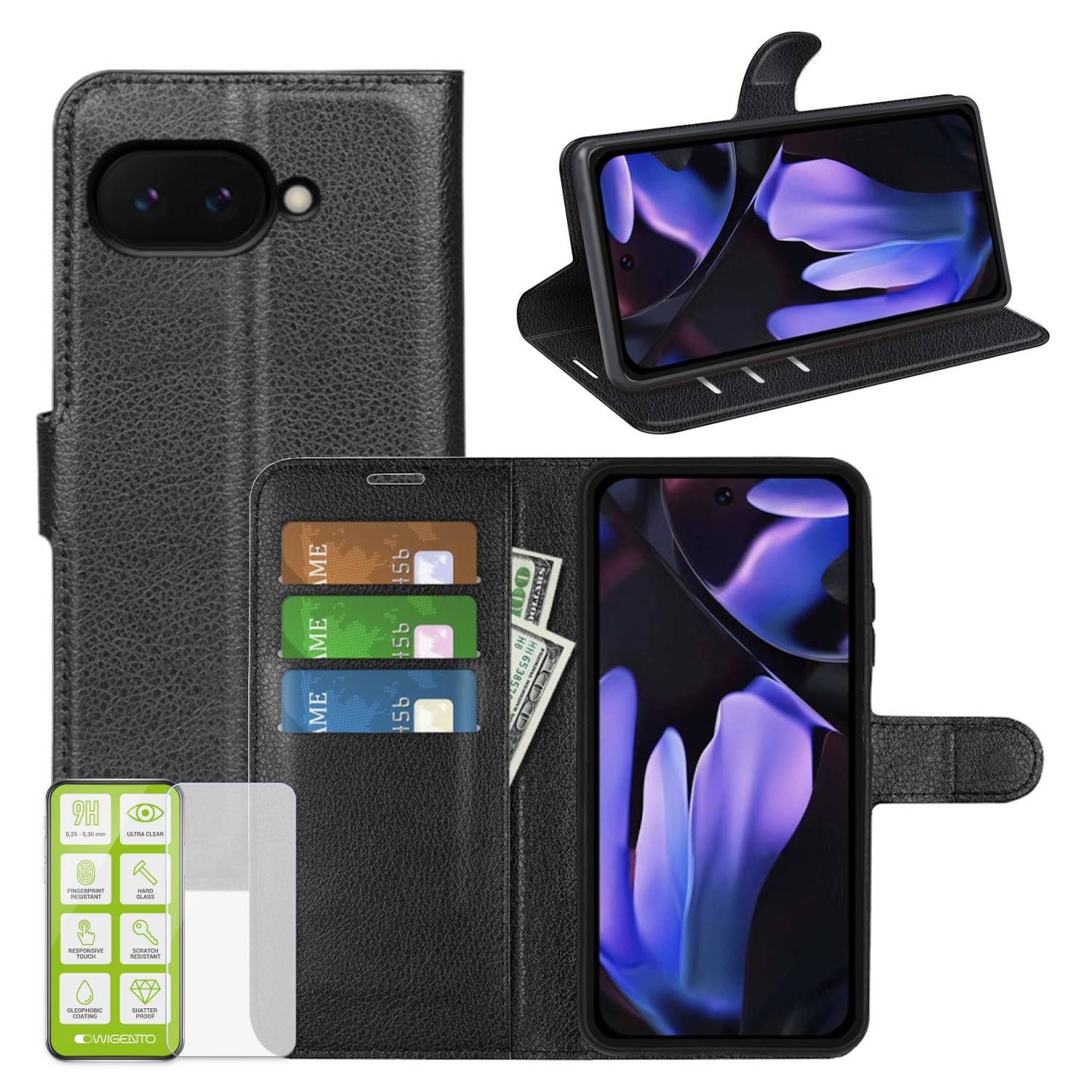 Für Google Pixel 9a Kunstleder Book Wallet Case Tasche Schwarz + H9 Hart Glas