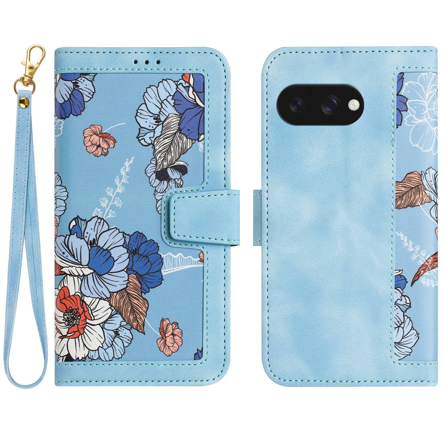 Für Google Pixel 9a Kunstleder Wallet Handy Tasche Blumen Design Hülle Etuis Hellblau