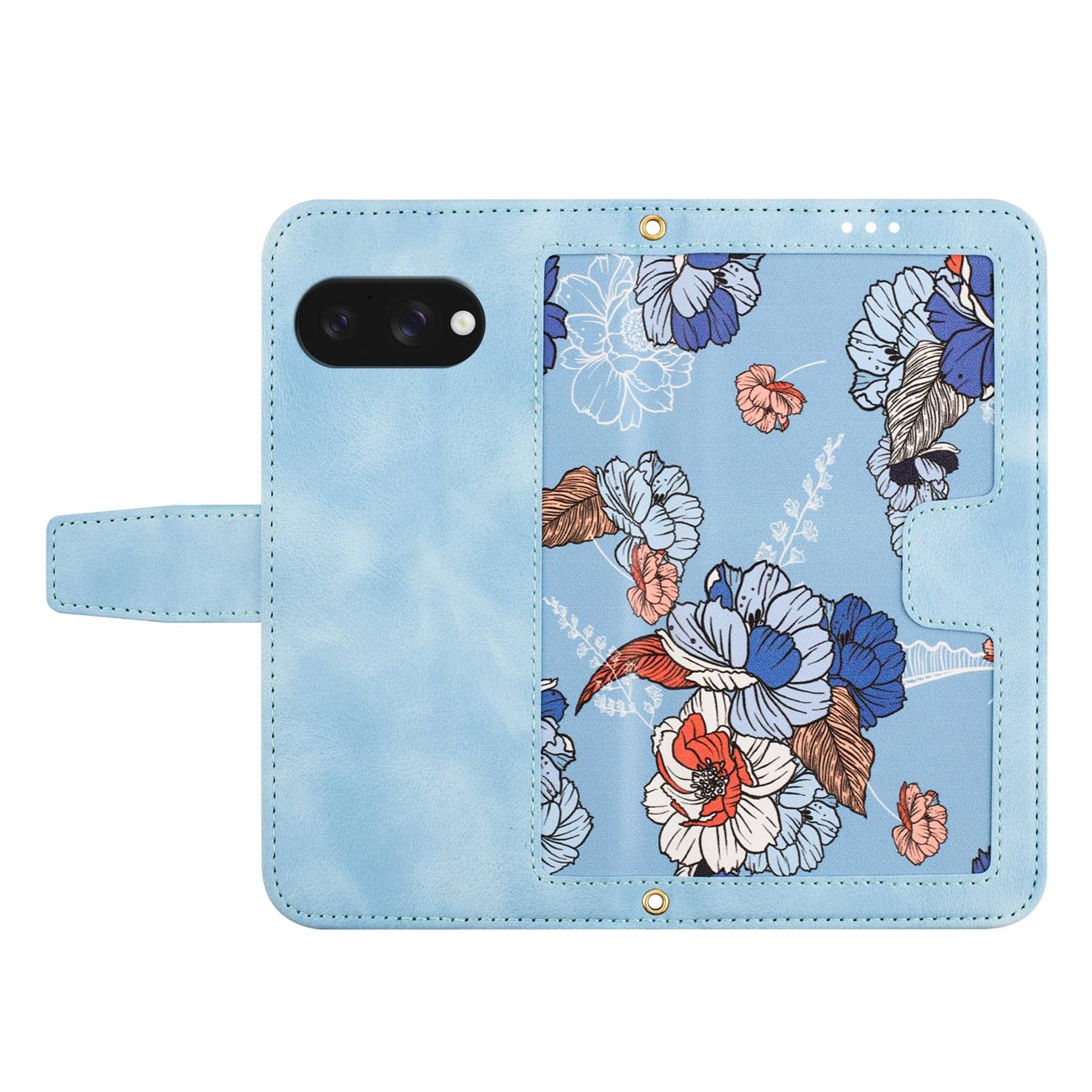 Für Google Pixel 9a Kunstleder Wallet Handy Tasche Blumen Design Hülle Etuis Hellblau