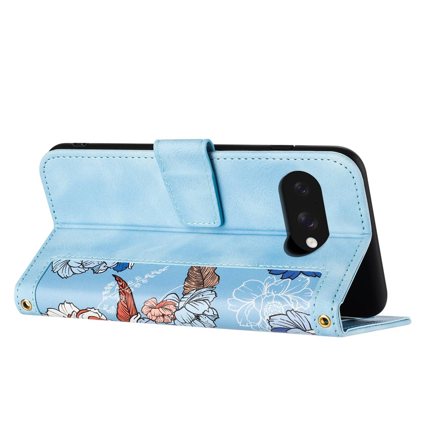 Für Google Pixel 9a Kunstleder Wallet Handy Tasche Blumen Design Hülle Etuis Hellblau