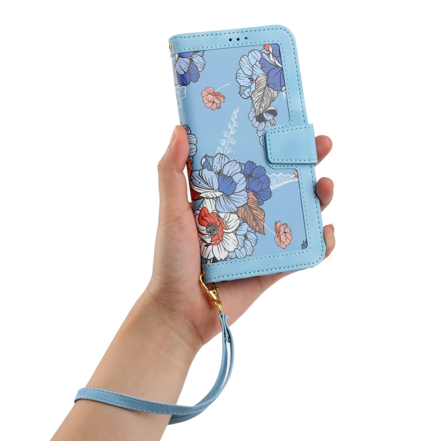 Für Google Pixel 9a Kunstleder Wallet Handy Tasche Blumen Design Hülle Etuis Hellblau