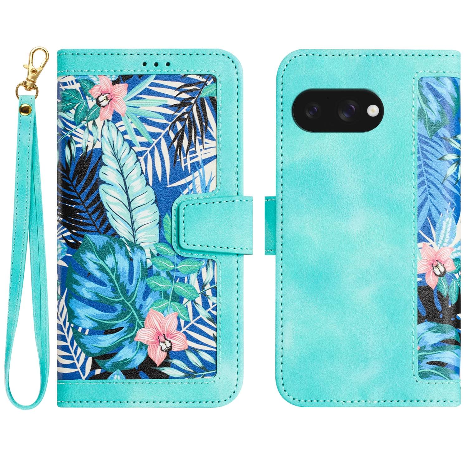 Für Google Pixel 9a Kunstleder Wallet Handy Tasche Blumen Design Hülle Etuis Grün