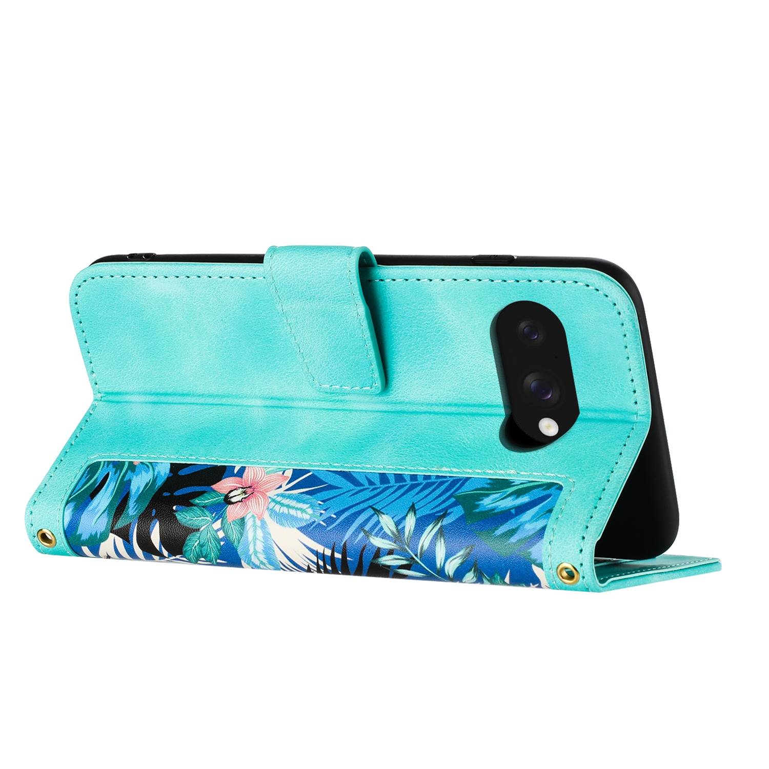 Für Google Pixel 9a Kunstleder Wallet Handy Tasche Blumen Design Hülle Etuis Grün
