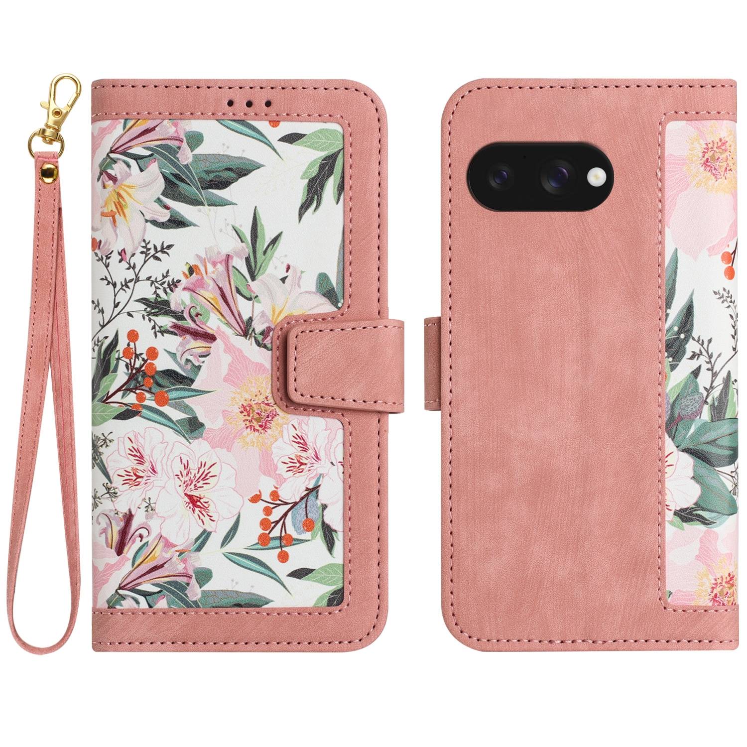 Für Google Pixel 9a Kunstleder Wallet Handy Tasche Blumen Design Hülle Etuis Rosa
