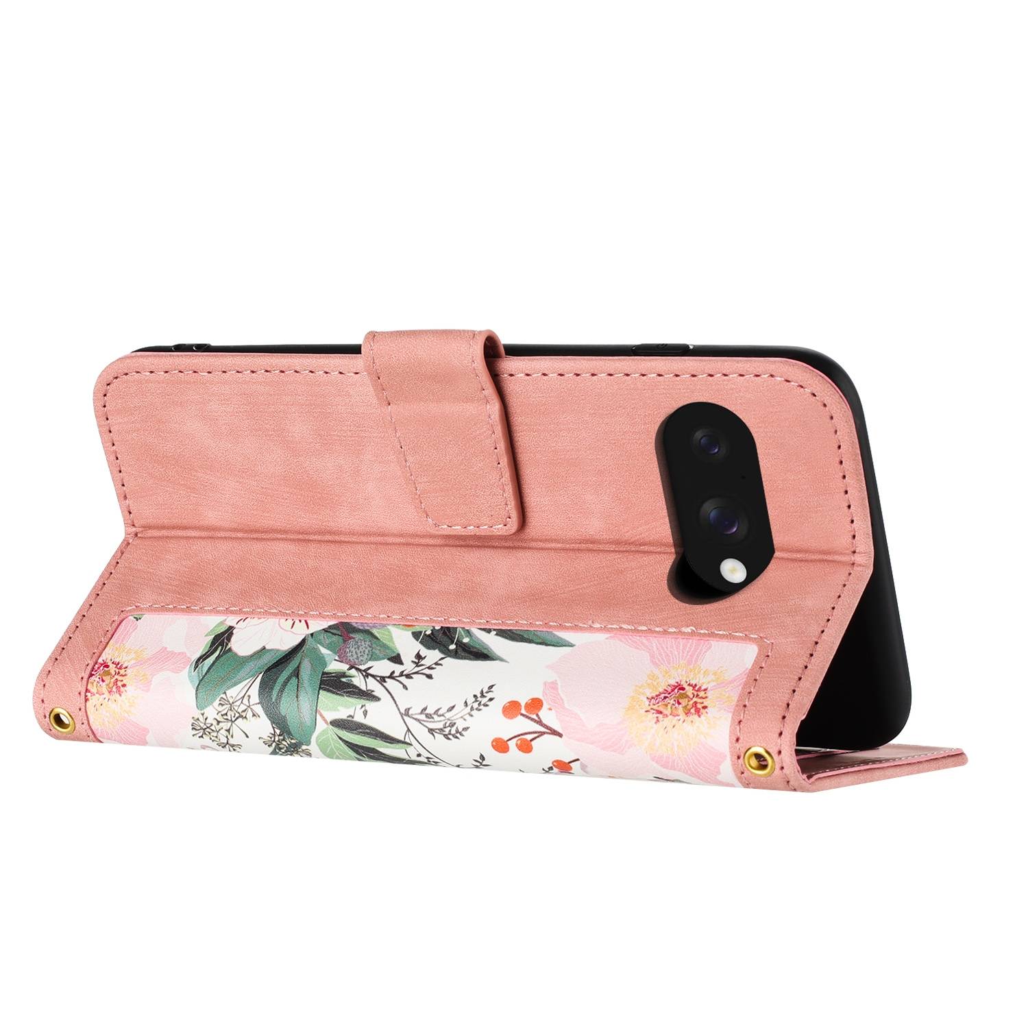 Für Google Pixel 9a Kunstleder Wallet Handy Tasche Blumen Design Hülle Etuis Rosa