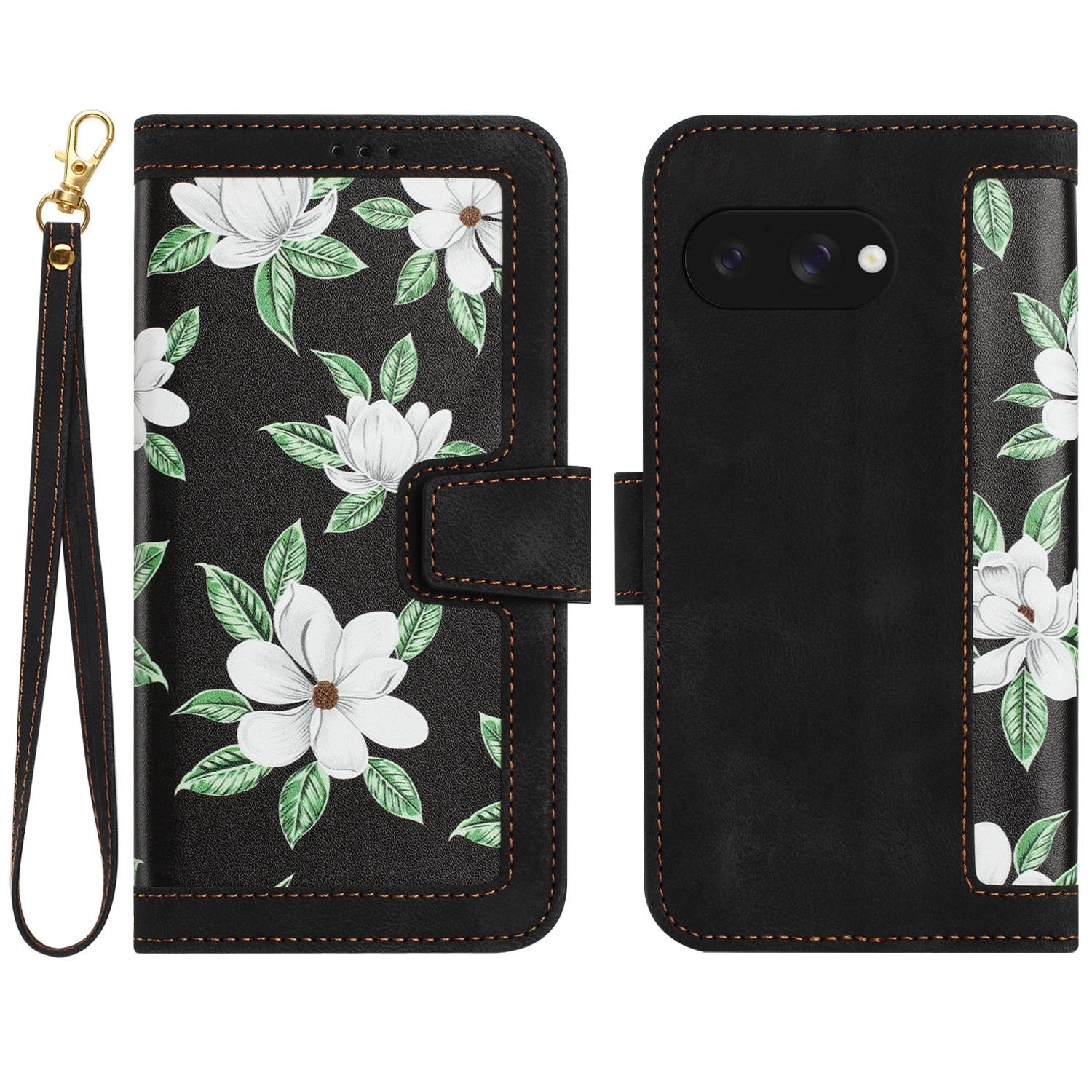 Für Google Pixel 9a Kunstleder Wallet Handy Tasche Blumen Design Hülle Etuis Schwarz