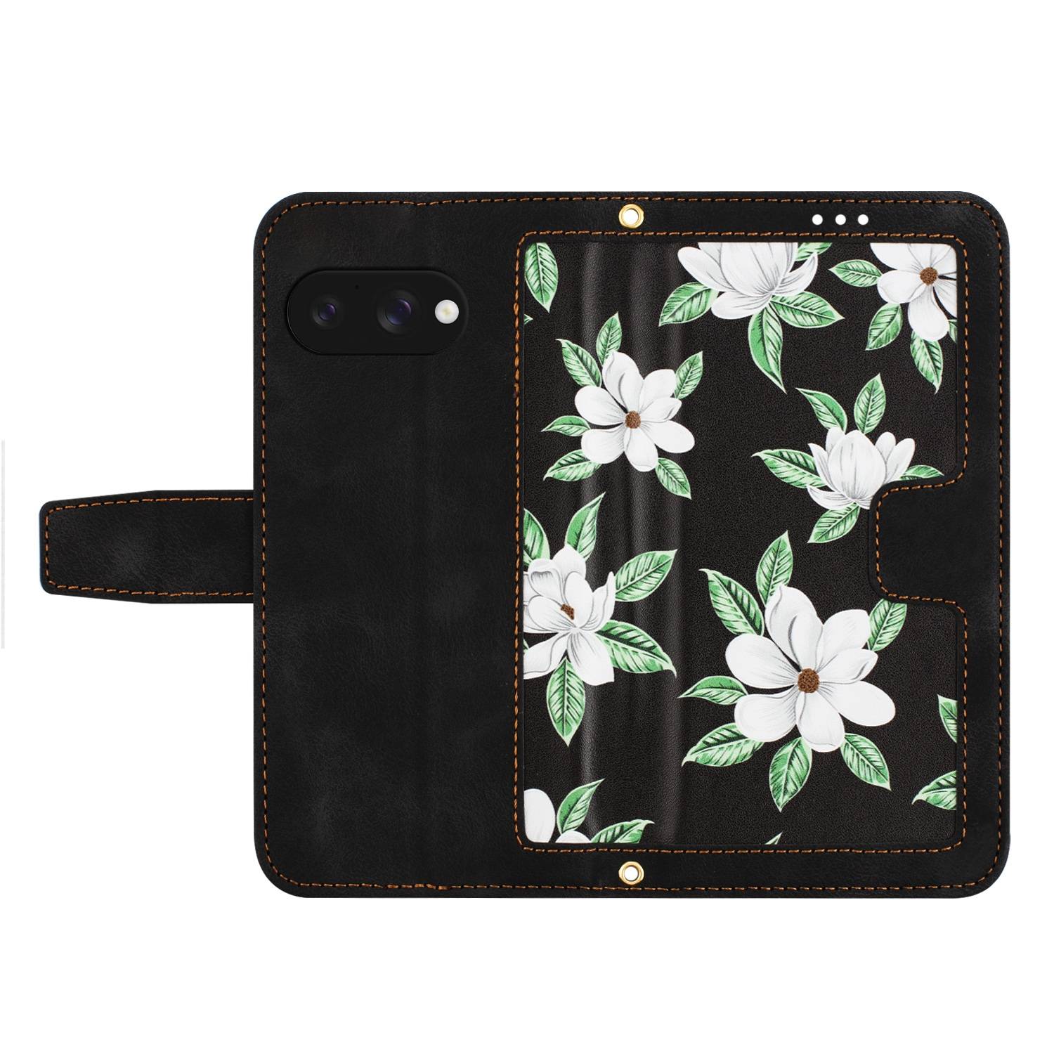 Für Google Pixel 9a Kunstleder Wallet Handy Tasche Blumen Design Hülle Etuis Schwarz