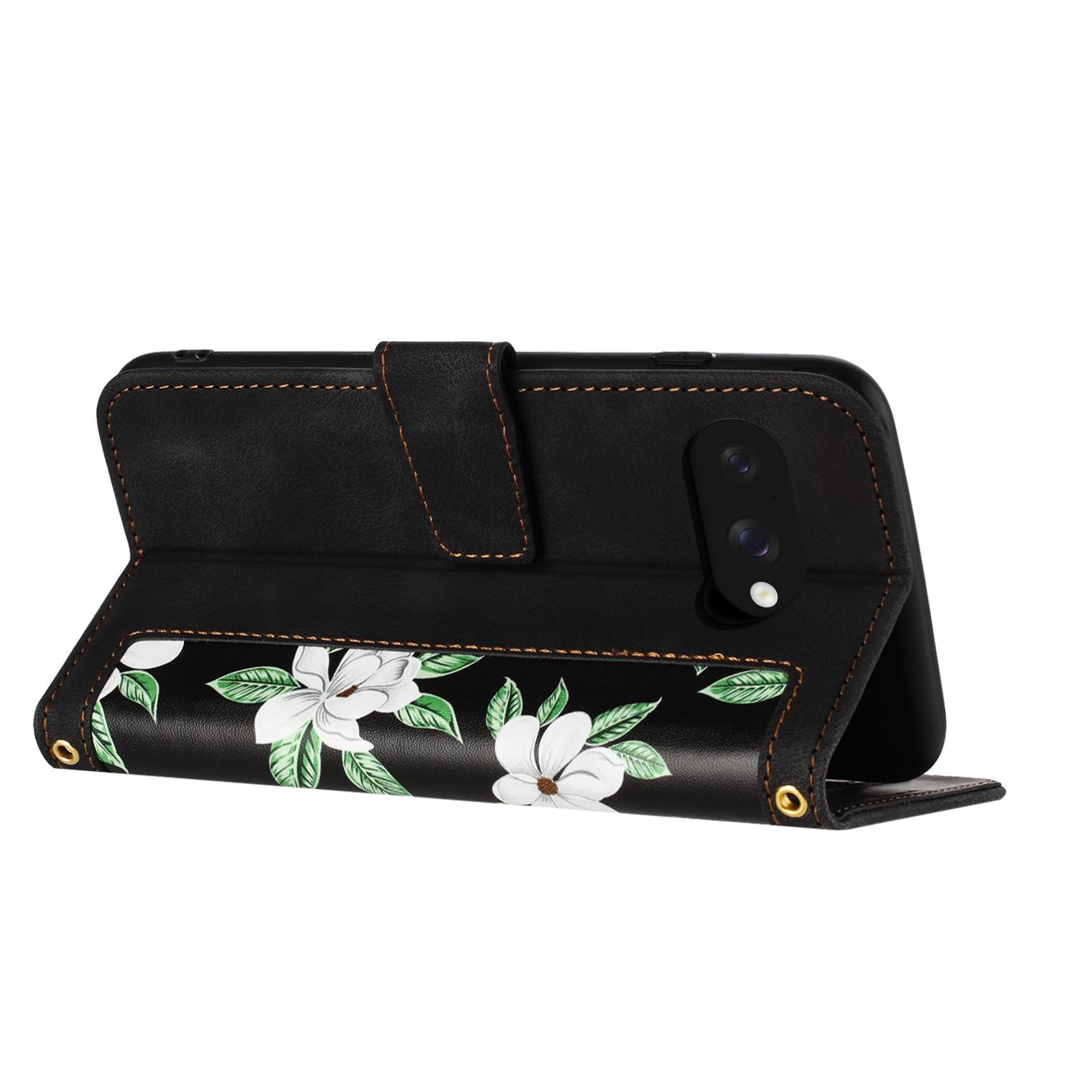 Für Google Pixel 9a Kunstleder Wallet Handy Tasche Blumen Design Hülle Etuis Schwarz