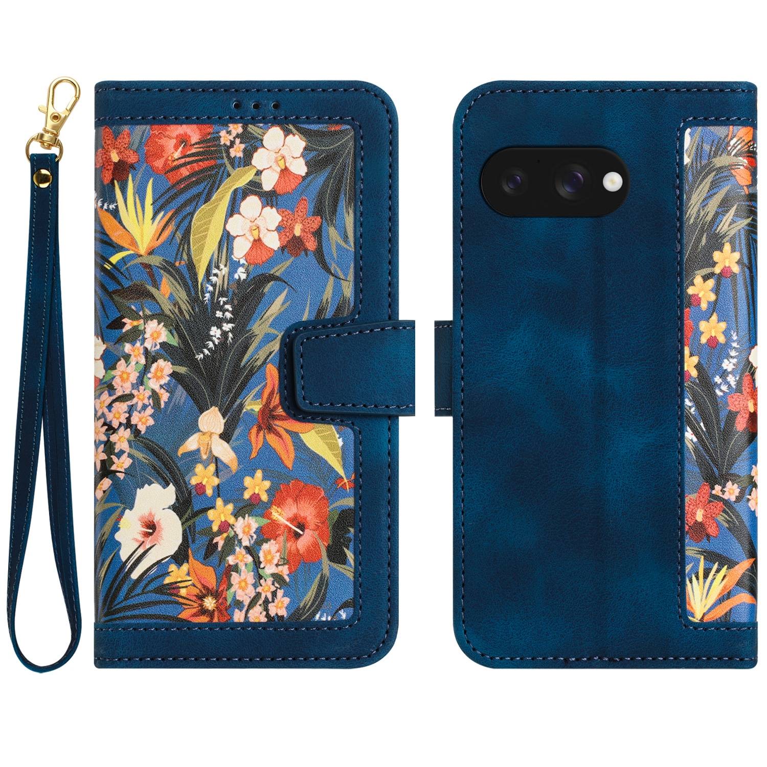 Für Google Pixel 9a Kunstleder Wallet Handy Tasche Blumen Design Hülle Etuis Dunkelblau