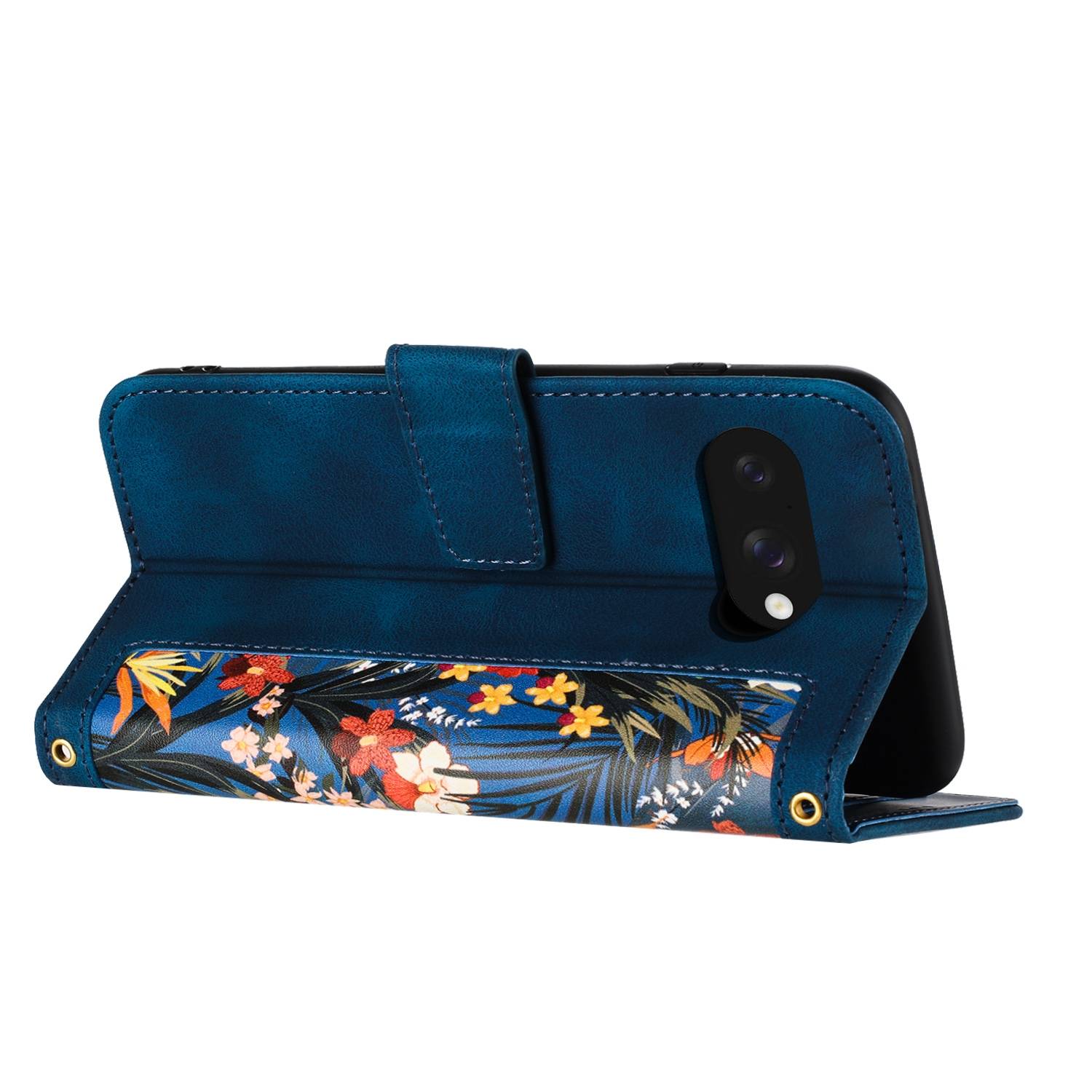 Für Google Pixel 9a Kunstleder Wallet Handy Tasche Blumen Design Hülle Etuis Dunkelblau