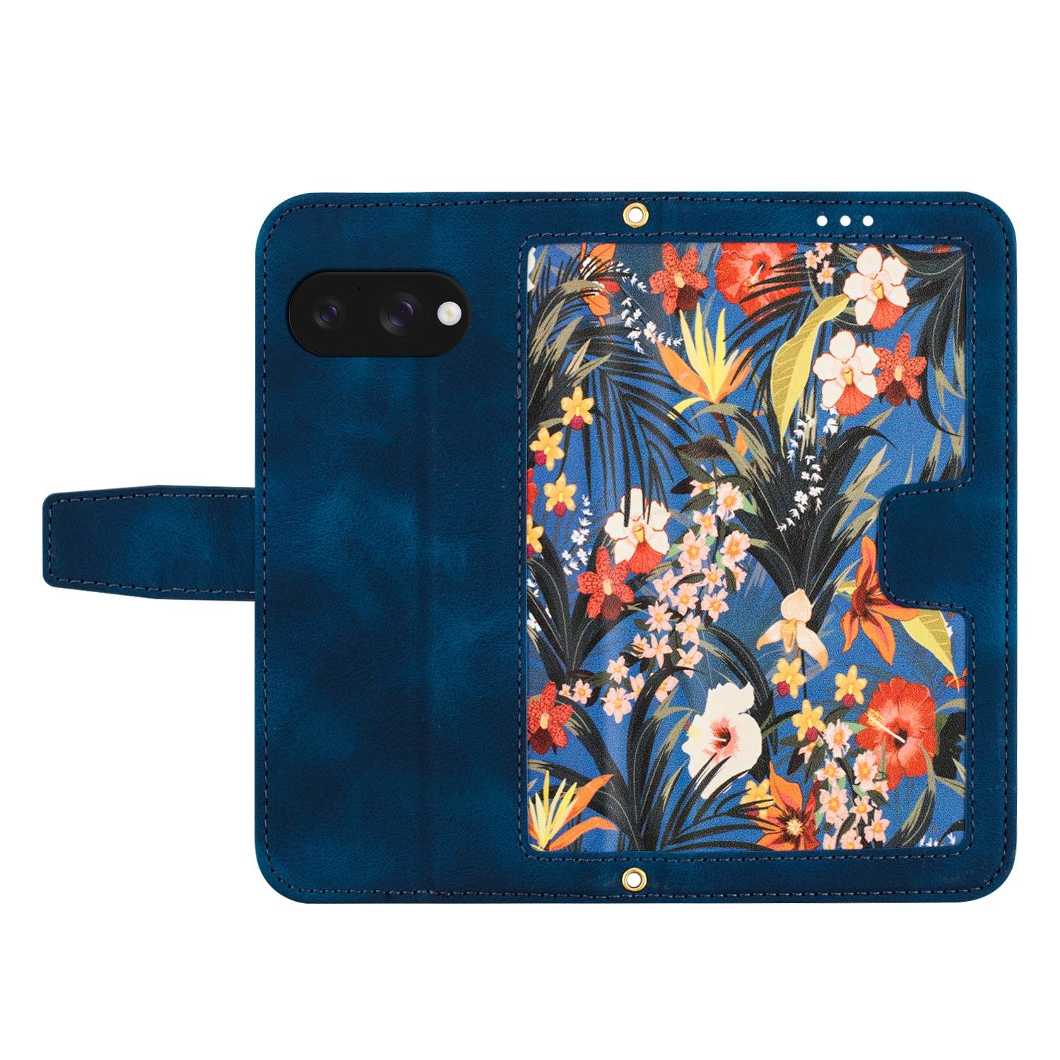 Für Google Pixel 9a Kunstleder Wallet Handy Tasche Blumen Design Hülle Etuis Dunkelblau