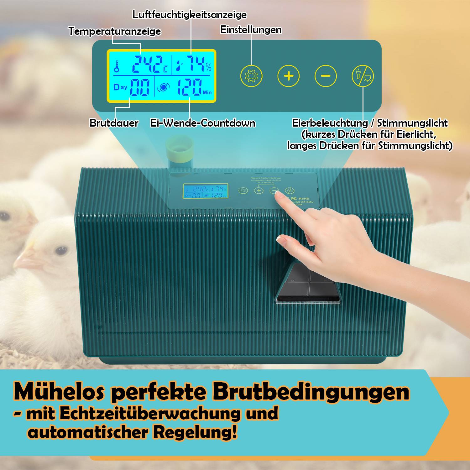 Brutmaschine Inkubator Vollautomatisches Intelligentes Multifunktionales Brutgerät für Henne, Enten & andere Vögel,10 Eier Brutautomat