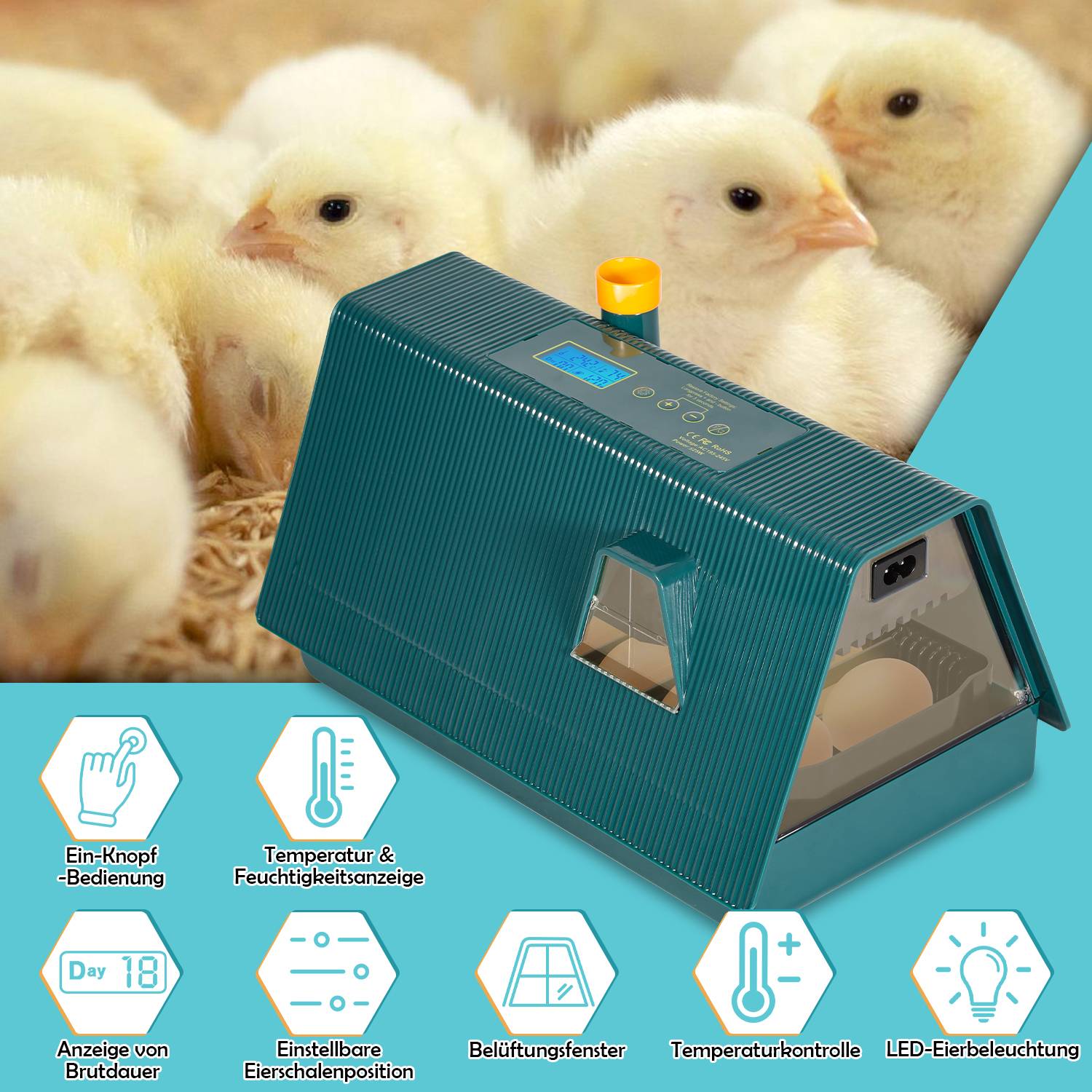 Brutmaschine Brutautomaten Inkubator Hühner mit Automatischem, Digitaler Brutmaschine Inkubator Auto-Flip,Brutthermometer, 10 Eier Brutautomat