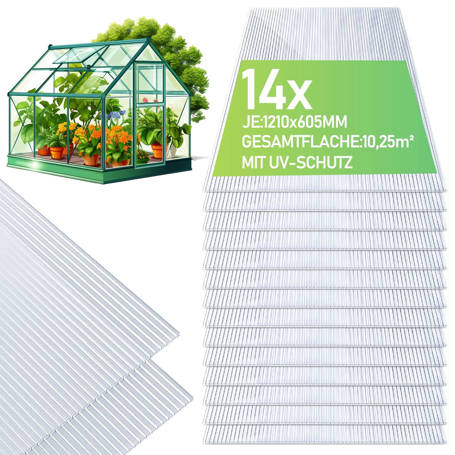 14x Doppelstegplatten 4mm Zuschneidbar 121x60,5cm Polycarbonat 10,25m² UV-beständig Klar Hohlkammerplatten Gewächshaus Platten Stegplatten