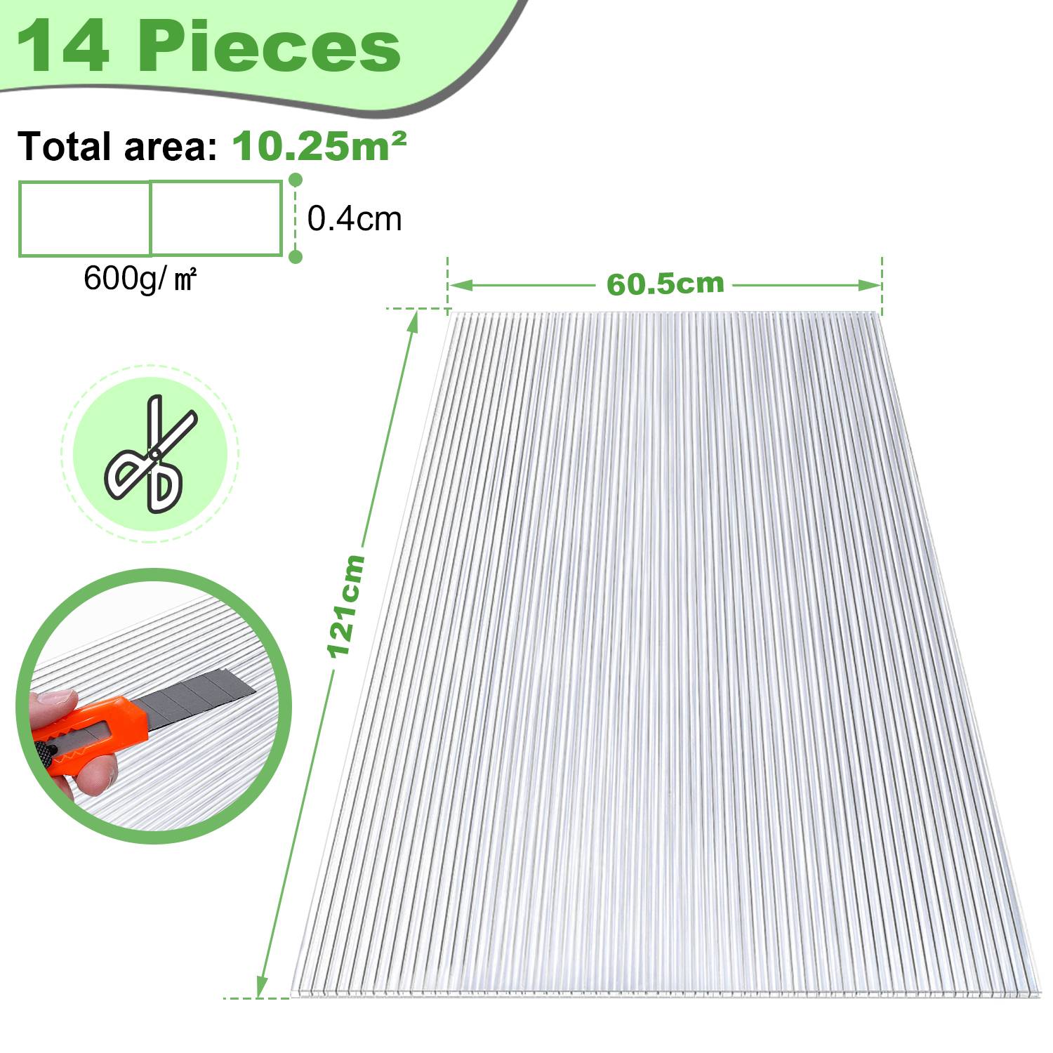 14x Doppelstegplatten 4mm Zuschneidbar 121x60,5cm Polycarbonat 10,25m² UV-beständig Klar Hohlkammerplatten Gewächshaus Platten Stegplatten