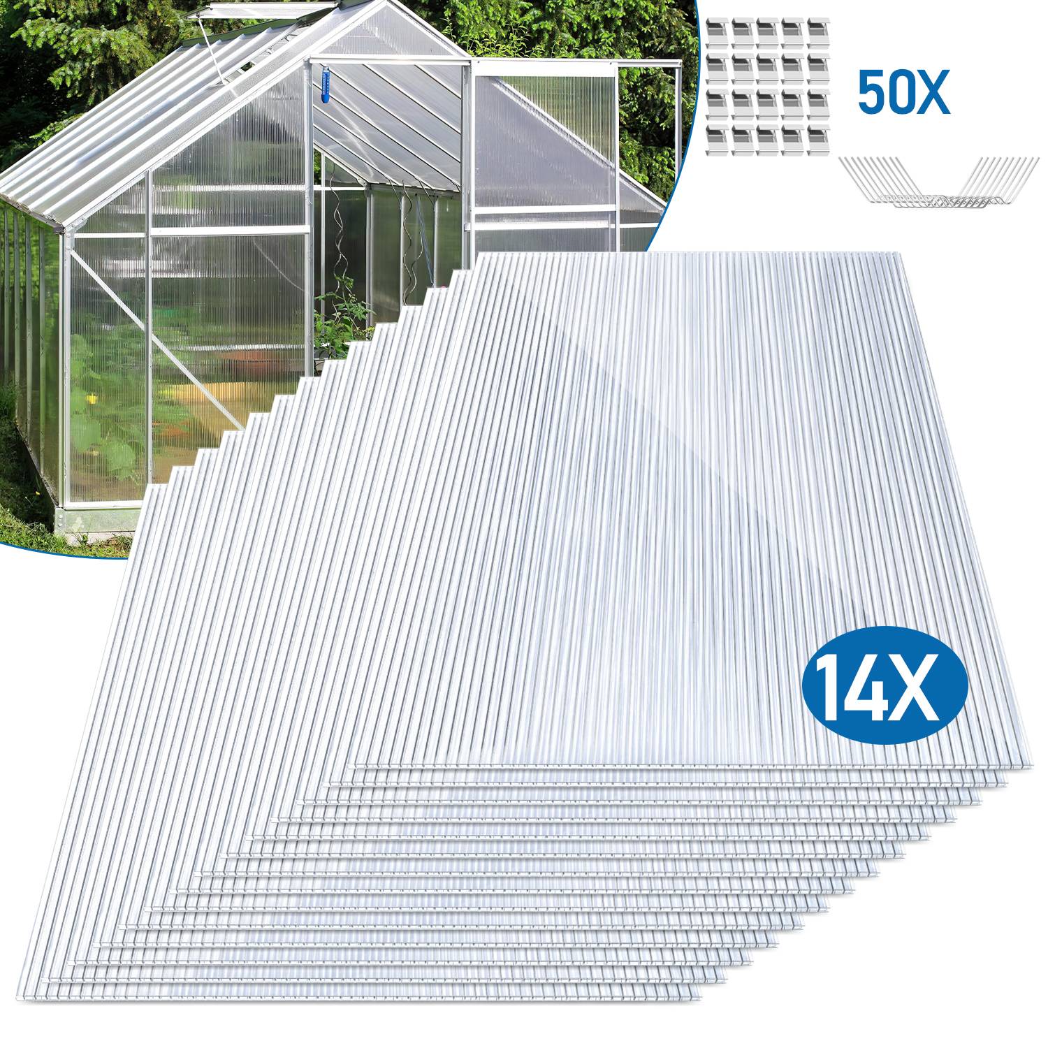 14x Polycarbonat Hohlkammerstegplatten 4mm, 10,25 m² Doppelstegplatte - 1210x605, 50x Klammern + 50x Z-Clips, Gewächshausplatte UV-beständigen
