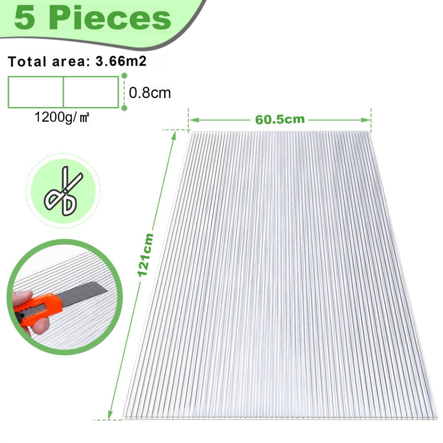 5x Doppelstegplatte Leicht Vielseitig Widerstandsfähig Transparent 8 mm 60,5 x 121 cm