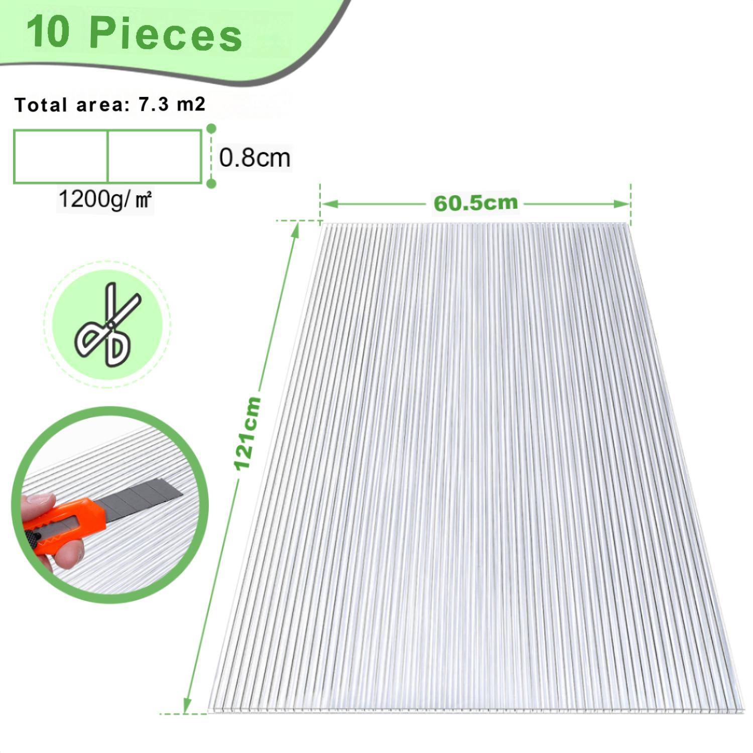 10x Doppelstegplatte Leicht Vielseitig Widerstandsfähig Transparent 8 mm 60,5 x 121 cm