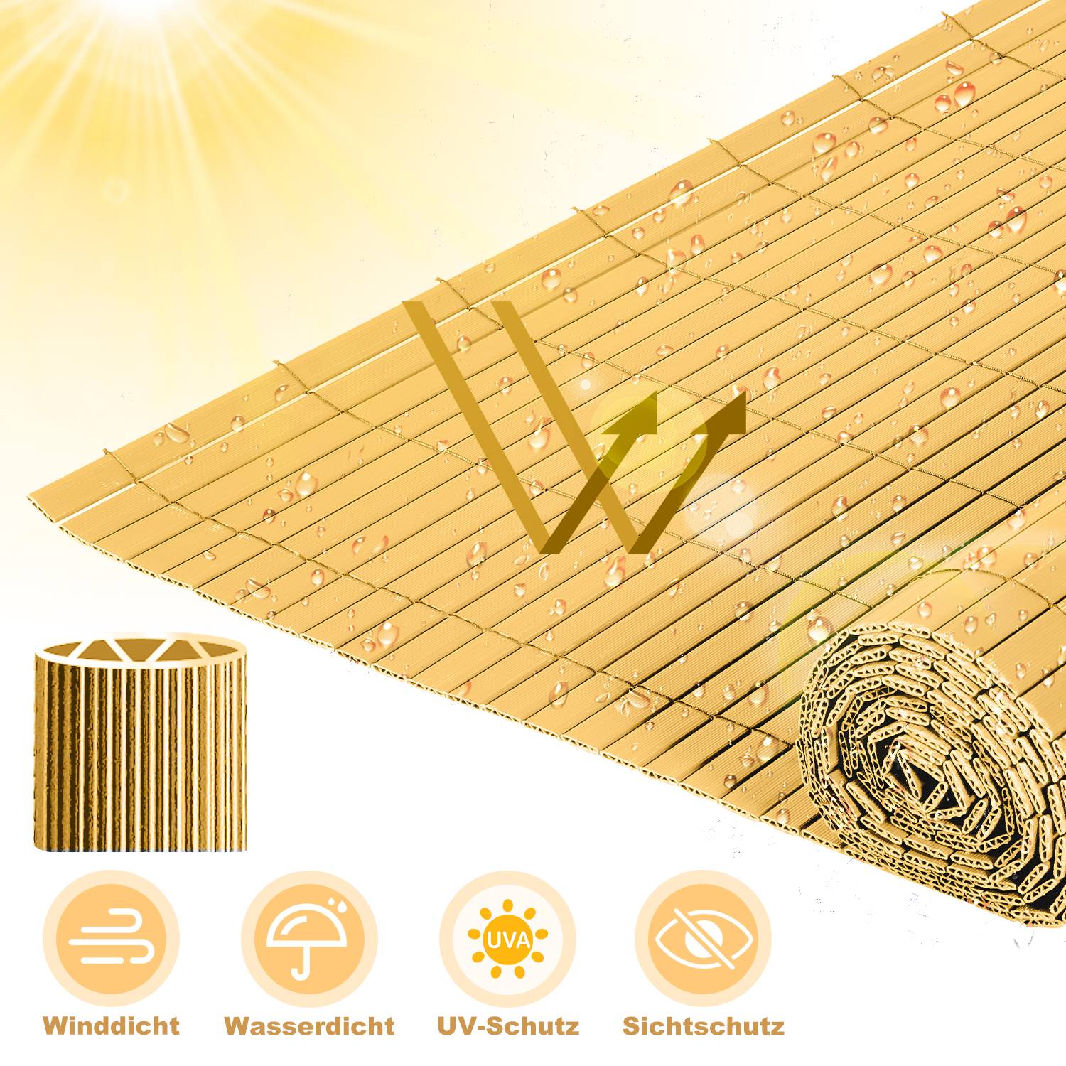 PVC Sichtschutzmatte W-Struktur Verstärkung Innen, Balkon Sichtschutz mit Kabelbindern, Sichtschutzzaun Windschutz Wasserdicht ohne Bohren, Bambus